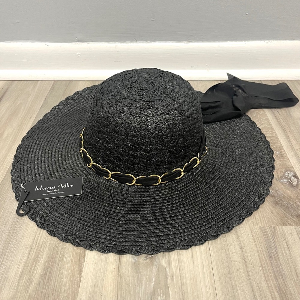 Marcus Adler Sun Hat Women's OS Black w/Gold Chain Wide Brim Paper‎ Straw NWT